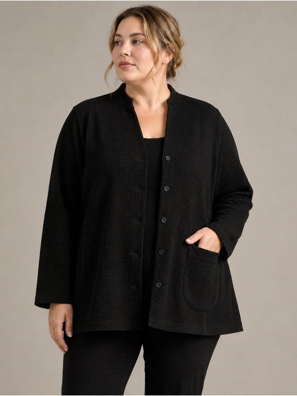 Eileen‎ Fisher Woman Black Waffle Knit Jacket 1X Made in USA